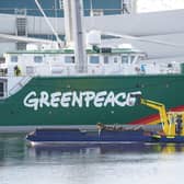 Rainbow Warrior moored at King George V Dock in Glasgow earlier on Tuesday. Picture: Owen Humphreys/PA Wire