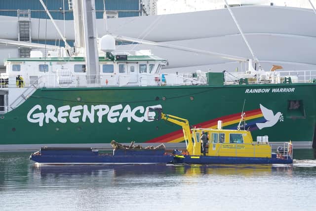 Rainbow Warrior moored at King George V Dock in Glasgow earlier on Tuesday. Picture: Owen Humphreys/PA Wire