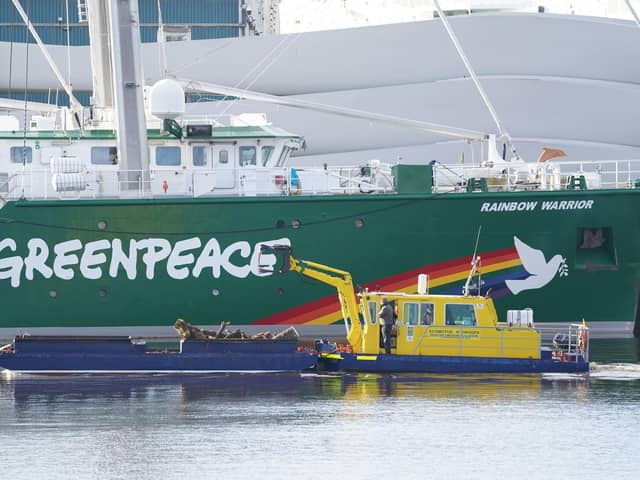 Rainbow Warrior moored at King George V Dock in Glasgow earlier on Tuesday. Picture: Owen Humphreys/PA Wire