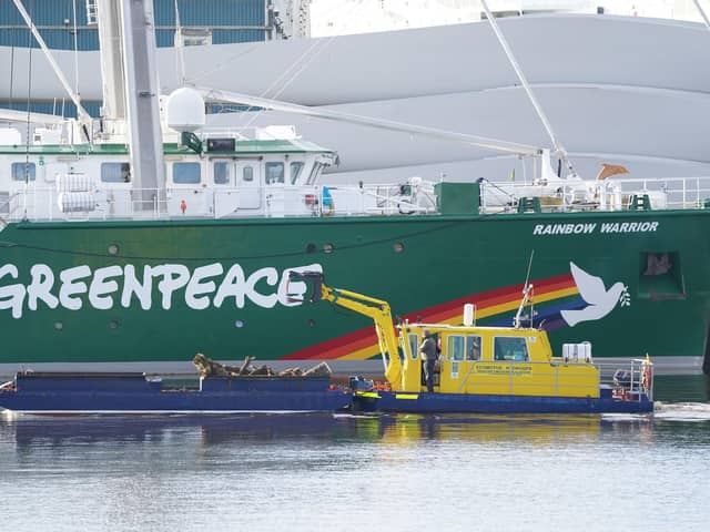 Rainbow Warrior moored at King George V Dock in Glasgow earlier on Tuesday. Picture: Owen Humphreys/PA Wire