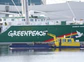 Rainbow Warrior moored at King George V Dock in Glasgow earlier on Tuesday. Picture: Owen Humphreys/PA Wire