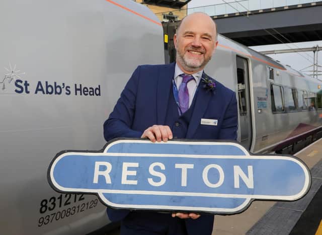 Matthew Golton, Managing Director of TransPennine Express with the newly named 'St Abb's Head' train. (Picture © Jason Lock)
