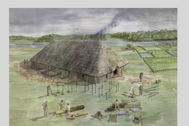 The Neolithic period got underway with the arrival of immigrant farmers from France around 4,00BC0 with the hunter-gatherer-forager lifestyle of the Mesolithic giving way to agro-pastroal farming and a more sedentary way of life. Pictured is an artist's impression of  Neolithic longhouse at Balbridie near Aberdeenshire by David Hogg. PIC: David Hogg.
