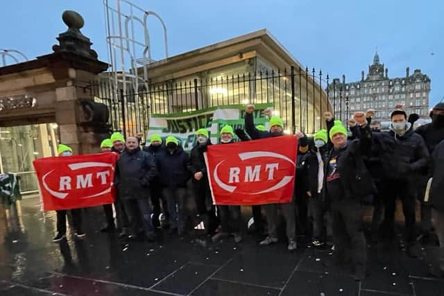 RMT members protesting outside Waverley Station in Edinburgh on Friday. Picture: RMT