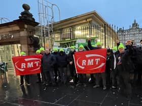RMT members protesting outside Waverley Station in Edinburgh on Friday. Picture: RMT