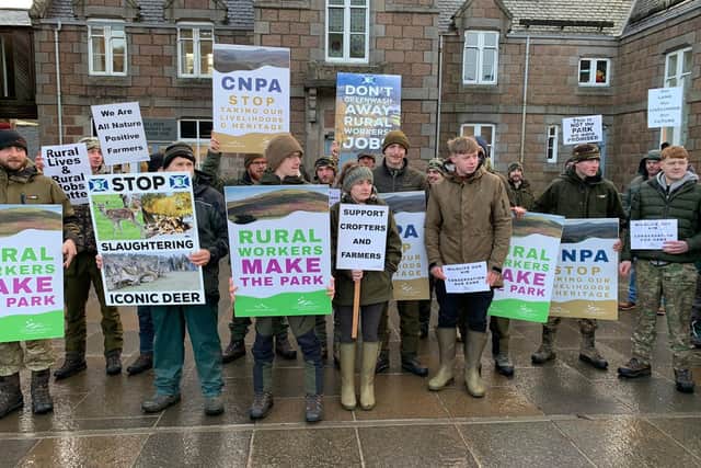 Rural workers hold demonstration in Ballater where First Minister Humza Yousaf was expected to attend to announce details of a new Cairngorms National Park project.