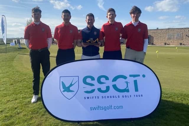 Fintan Bonner, the director of golf, celebrats with the St Leonards of St Andrews team after winning the Swifts Schools Golf Tour Championship at JCB Golf & Country Club in Uttoxeter.