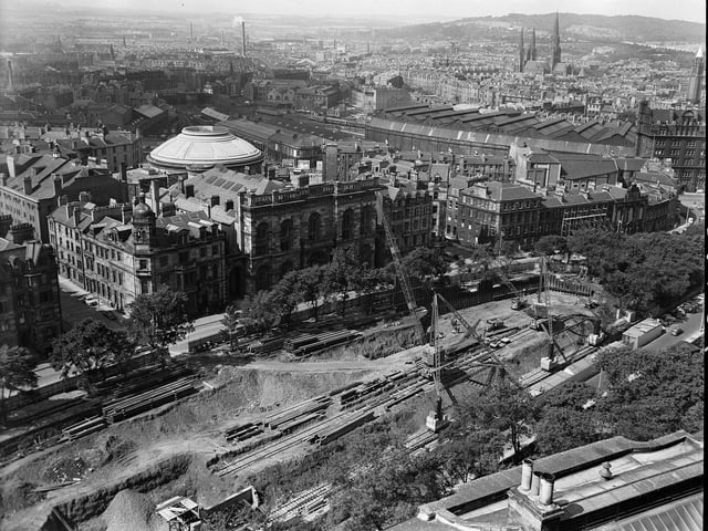 Castle Terrace before the demolition of the Poole's Synod Hall  and the sheds of the Caledonian Station otherwise known as Princes Street Station or Caley Station.