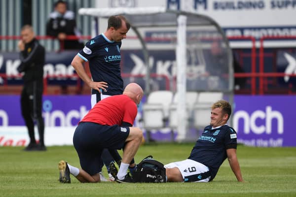 Dundee forward Danny Mullen was sent to hospital after injury his leg.