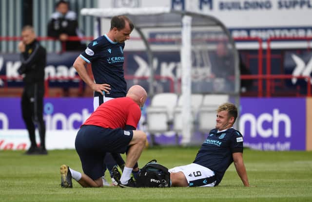 Dundee forward Danny Mullen was sent to hospital after injury his leg.