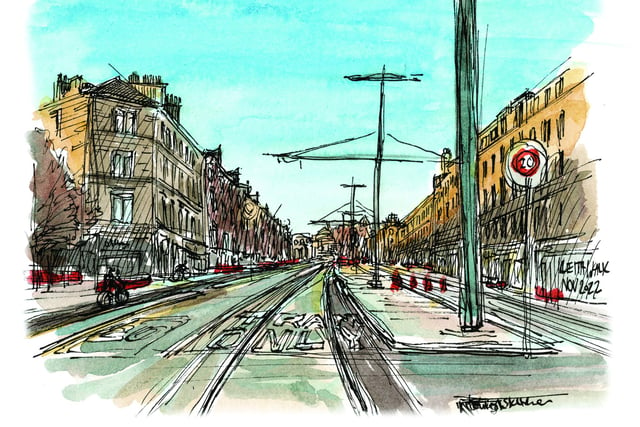 In November I realised part of Leith Walk had reopened to traffic, as the final stages of the tram works seem to be underway. This sketch shows some of the trams infrastructure in place and some of the cones, signage and diversions now removed. It's hard to remember what this major thoroughfare looked like before the works began over three years ago.