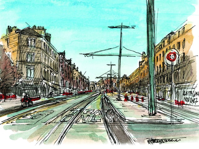 In November I realised part of Leith Walk had reopened to traffic, as the final stages of the tram works seem to be underway. This sketch shows some of the trams infrastructure in place and some of the cones, signage and diversions now removed. It's hard to remember what this major thoroughfare looked like before the works began over three years ago.