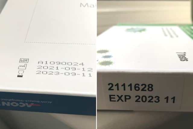 Expiry dates for certain brands of lateral flow home testing kits can be found on the test kit packaging, as shown.