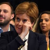 Former leader Nicola Sturgeon in the conference hall as tributes to her are played on a screen to delegates at the SNP annual conference at the Event Complex Aberdeen (TECA). Picture: Andrew Milligan/PA Wire