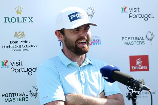 Liam Johnston shows his delight during a Sky Sports interview after opening with a brilliant bogey-free 61 in the Portugal Masters in Villamoura. Picture: Getty Images