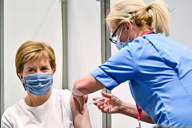 Nicola Sturgeon receives her second dose of the Oxford/AstraZeneca Covid-19 vaccine (Picture: Jeff J Mitchell/PA)