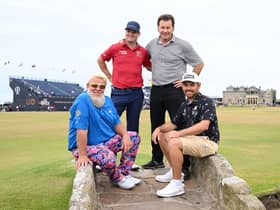 The winning team of John Daly,  Louis Oosthuizen,  Zach Johnson and Sir Nick Faldo pose for a photo on the Swilcan Bridge during the Celebration of Champions at St Andrews. Picture: Ross Kinnaird/Getty Images.