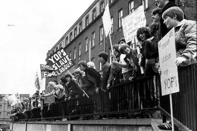 Young unemployed people demonstrate outside St Andrew's House in Edinburgh about the Youth Opportunities Programme (June 1981)