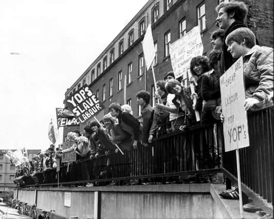 Young unemployed people demonstrate outside St Andrew's House in Edinburgh about the Youth Opportunities Programme (June 1981)