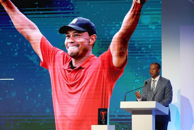 Tiger Woods delivers his induction speech at the ceremony in Ponte Vedra Beach, Florida. Picture: Sam Greenwood/Getty Images.