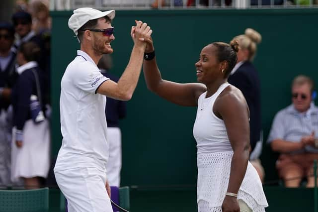 Jamie Murray (left) and Taylor Townsend celebrate their win in the Wimbledon mixed doubles.