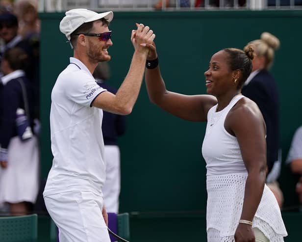Jamie Murray (left) and Taylor Townsend celebrate their win in the Wimbledon mixed doubles.