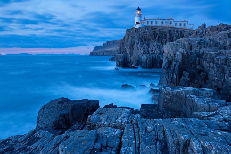 Neist Point lighthouse can be found on the most westerly tip of the Isle of Skye near Glendale. It is considered one of the most famous lighthouses in Scotland and it's recommended you visit at sunset when the red-golden rays ignite the scenery in an unforgettable display.