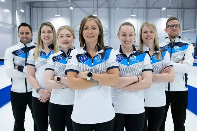 Team Muirhead, from left: David Murdoch (coach), Lauren Gray, Sophie Sinclair, Eve Muirhead, Jenn Dodds, Vicky Wright and Kristian Lindstrom (coach). Picture: Graeme Hart