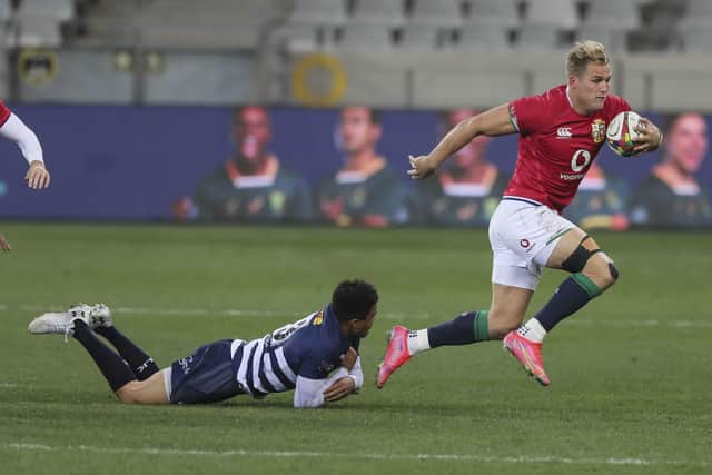 Duhan van der Merwe in typically rampaging for in the British and Irish Lions' 49-3 win over the DHL Stormers. Picture: Halden Krog/AP