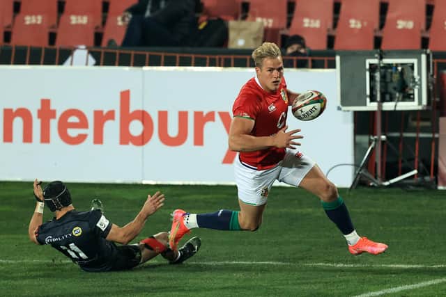 Duhan van der Merwe goes over to score the Lions' second try against the Sharks in Johannesburg. Picture: David Rogers/Getty Images