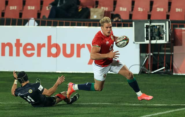 Duhan van der Merwe goes over to score the Lions' second try against the Sharks in Johannesburg. Picture: David Rogers/Getty Images