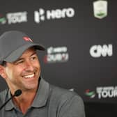 Adam Scott talks to the media prior to the Hero Dubai Desert Classic at Emirates Golf Club. Picture: Luke Walker/Getty Images.