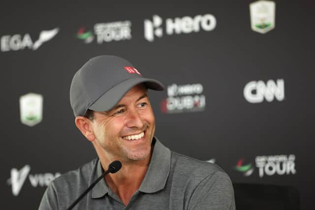 Adam Scott talks to the media prior to the Hero Dubai Desert Classic at Emirates Golf Club. Picture: Luke Walker/Getty Images.