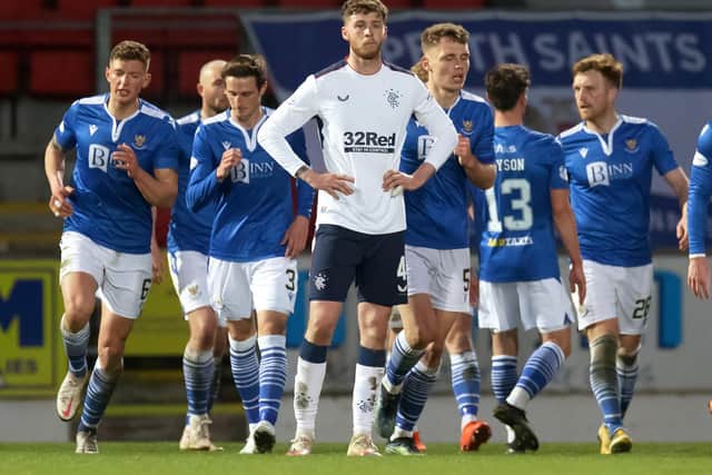 Jack Simpson of Rangers looks dejected after conceding his side's first goal scored by Liam Craig of St Johnstone (not pictured) during the Ladbrokes Scottish Premiership Match between St Johnstone and Rangers at McDiarmid Park on April 21, 2021 in Perth, Scotland. Sporting stadiums around the UK remain under strict restrictions due to the Coronavirus Pandemic as Government social distancing laws prohibit fans inside venues resulting in games being played behind closed doors. (Photo by Willie Vass - Pool/Getty Images)
