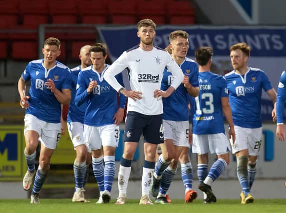 Jack Simpson of Rangers looks dejected after conceding his side's first goal scored by Liam Craig of St Johnstone (not pictured) during the Ladbrokes Scottish Premiership Match between St Johnstone and Rangers at McDiarmid Park on April 21, 2021 in Perth, Scotland. Sporting stadiums around the UK remain under strict restrictions due to the Coronavirus Pandemic as Government social distancing laws prohibit fans inside venues resulting in games being played behind closed doors. (Photo by Willie Vass - Pool/Getty Images)