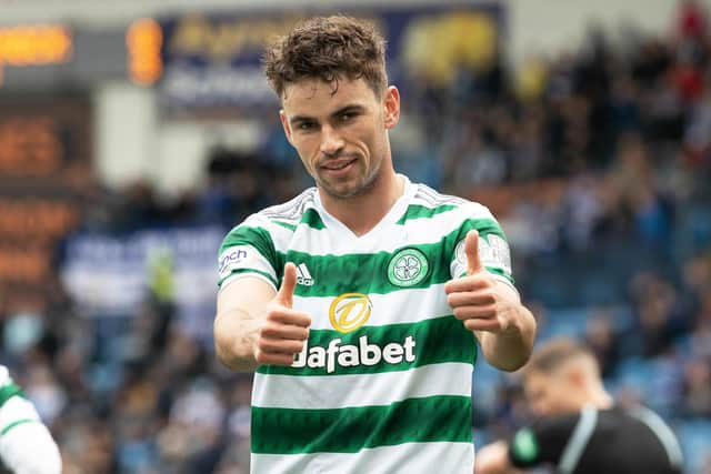 Matt O’Riley celebrates scoring the first of his two Celtic goals in the 4-0 win over Kilmarnock. (Photo by Craig Williamson / SNS Group)