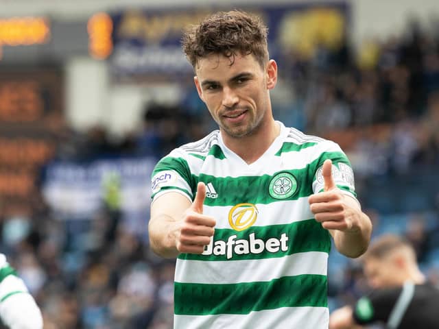 Matt O’Riley celebrates scoring the first of his two Celtic goals in the 4-0 win over Kilmarnock. (Photo by Craig Williamson / SNS Group)