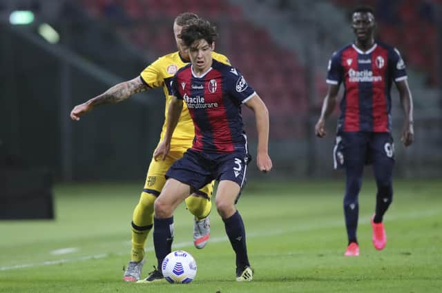 Aaron Hickey enjoyed a sparkling debut for Bologna against Parma. Picture: Filippo Rubin/LaPresse via AP