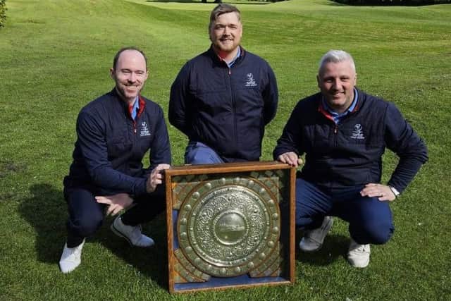 Craigielaw's Guy Dalziel, Marc Reid and Kenny Glen pose with the trophy after winning the Lothians Team Tournament at Royal Musselburgh. Picture: LGA