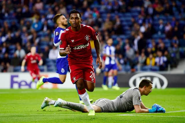 Alfredo Morelos, now Rangers' all-time record European goalscorer, celebrates after finding the net against Porto in Portugal in October 2019. (Photo by Octavio Passos/Getty Images)
