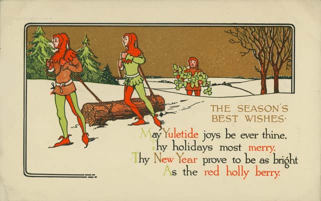 Yule and New Year postcard, 1912. Festivities in Scotland traditionally started on Christmas Day and ran over 12 "daft days". The period was also known as Yule or Nollaig in Gaelic-speaking areas, with the dark countered by the light of fire and candles and the chore of work replaced with merriment.