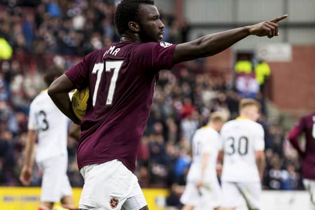 Esmael Goncalves celebrates after scoring a penalty for Hearts in a match against Partick Thistle in April 2017.