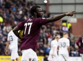 Esmael Goncalves celebrates after scoring a penalty for Hearts in a match against Partick Thistle in April 2017.