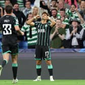 Celtic winger Jota celebrates after scoring a consolation free-kick in the 5-1 defeat to Real Madrid in the Bernabeu. (Photo by THOMAS COEX/AFP via Getty Images)