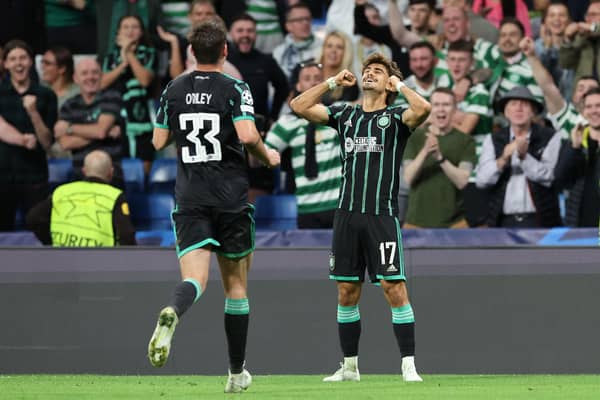 Celtic winger Jota celebrates after scoring a consolation free-kick in the 5-1 defeat to Real Madrid in the Bernabeu. (Photo by THOMAS COEX/AFP via Getty Images)
