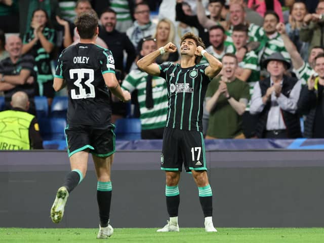 Celtic winger Jota celebrates after scoring a consolation free-kick in the 5-1 defeat to Real Madrid in the Bernabeu. (Photo by THOMAS COEX/AFP via Getty Images)