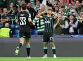 Celtic winger Jota celebrates after scoring a consolation free-kick in the 5-1 defeat to Real Madrid in the Bernabeu. (Photo by THOMAS COEX/AFP via Getty Images)