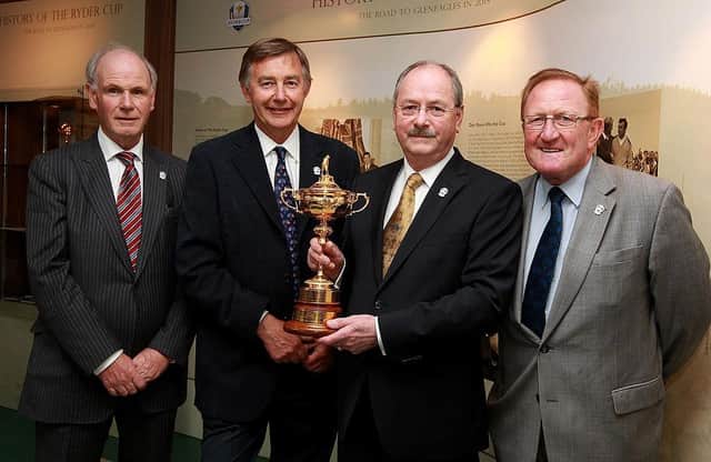 PGA chief executive Sandy Jones, left, pictured with Ken Brown, PGA chairman Phil Weaver and Ryder Cup Director Richard Hills at the Ryder Cup Heritage Exhibition launch on 2012 at the Verulamiam Museum in St Albans. Picture: Jan Kruger/Getty Images.
