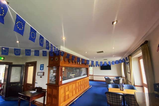 European flags have been put up in the North Berwick Golf Club clubhouse in support of Catriona Matthew and her team. Picture: North Berwick Golf Club.