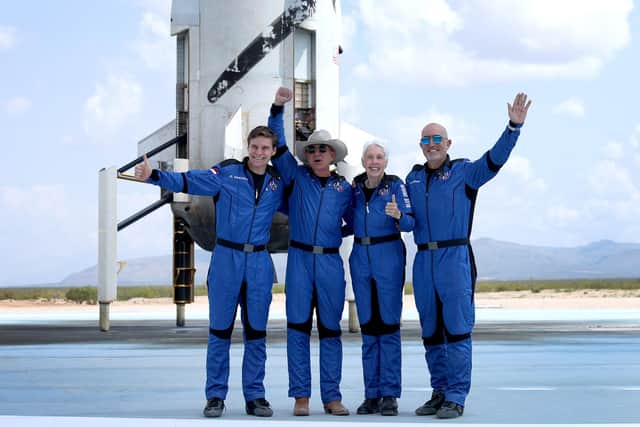 The crew of Blue Origin’s New Shepard, from left Oliver Daemen, Jeff Bezos, Wally Funk, and Mark Bezos, pose for a picture after flying into space from Van Horn, Texas (Picture: Joe Raedle/Getty Images)